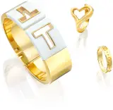 Tiffany & Co. and Gucci, A Group of Gold and Ceramic Jewellery, Tiffany & Co. 'T' Cuff-Bracelet - Hinged cuff with matte white ceramic and openwork gold T motifs - 18K gold - Signed Tiffany & Co. Germany - Inner circumference approximately 16.5 cm Tiffany & Co. Open Heart Ring - 18K gold - Signed Tiffany & Co. and Peretti for Elsa Peretti - Ring size 4½ Gucci Ring - Engraved with GG motifs - 18K gold - Signed Gucci, Italy - With Italian assay mark - Ring size 5½