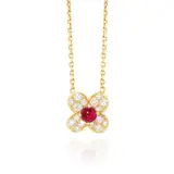 Van Cleef & Arpels, A Ruby and Diamond 'Trefle' Pendant Necklace, - Set with a round cabochon ruby, 0.40 carat - Decorated by brilliant-cut diamonds, 0.36 carat total - 18K gold - Signed VCA for Van Cleef & Arpels, numbered - With maker's mark for Van Cleef & Arpels and French assay mark for gold - Neckchain length 41.5 cm, shortest length 35.0 cm - Pendant length approximately 1.0 cm