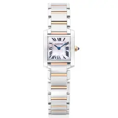 Claude Moliterni, A Stainless Steel, Pink Gold and Mother-of-Pearl 'Tank Française' Wristwatch, - Mother-of-pearl dial - Dial, case and buckle signed Cartier, numbered - Case and buckle mounted in stainless steel and pink gold - Crown mounted in pink gold and synthetic blue colour cabochon spinel crystal - Quartz movement - Case width 20.2 mm - Bracelet inner circumference approximately 14.5 cm Accompanied by a red Cartier pouch, a copy of service paper and an original service invoice Potential bidders who intend to export this lot are advised that certain permits may be required. Please contact the Jewels Department prior to bidding on this lot. 出口次拍品可能需要相關許可證明文件。如有意競投此拍品，請在拍賣會舉行前與珠寶部聯絡。