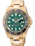 Rolex, An attractive and well-preserved yellow gold dual-time wristwatch with center seconds, date, green dial, bracelet, guarantee and presentation box