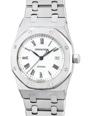 Audemars Piguet, A rare, fine and attractive stainless steel wristwatch with date, center seconds, white porcelain dial, Roman numerals, integrated bracelet, warranty and fitted presentation box, Circa 1998