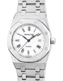 Audemars Piguet, A rare, fine and attractive stainless steel wristwatch with date, center seconds, white porcelain dial, Roman numerals, integrated bracelet, warranty and fitted presentation box, Circa 1998