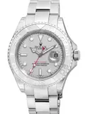 Rolex, A fine,"new-old-stock" and attractive stainless steel wristwatch with platinum bezel, center seconds, date, bracelet, guarantee and presentation box