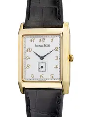 Audemars Piguet, A fine and attractive yellow gold rectangular-shaped wristwatch with small seconds, Breguet numerals, warranty and presentation box, Circa 1997