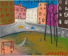 Edgar Plans, A City Park, mixed media on canvas