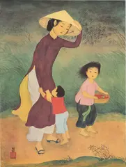 Mai Trung Thu, Woman with Two Children, 1971, print on silk