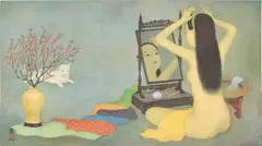 Woman with Mirror by Mai Trung Thu, 1978, print on silk, sold Apr 2022