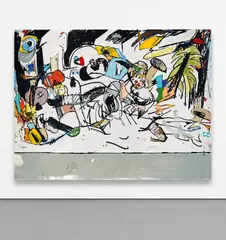 Eddie Martinez, Christmas in July, 2016, oil, acrylic, spray paint, silkscreen ink, enamel and collaged paper on canvas