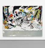 Eddie Martinez, Christmas in July, 2016, oil, acrylic, spray paint, silkscreen ink, enamel and collaged paper on canvas