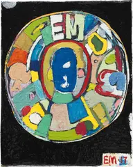 Mini Mandala #14 by Eddie Martinez, 2017, acrylic, ink, oil and enamel on cardboard mounted on wood panel, sold Jun 2021