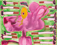 Green by Katherine Bernhardt, 2019, acrylic and spray paint on canvas, sold Jun 2021