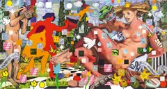 Allison Zuckerman, Susanna and her Suitors, 2019, acrylic and archival CMYK ink on canvas, diptych