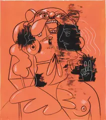Faces and Expressions by George Condo, 2009, acrylic, chalk and pastel on paper, sold Jun 2021