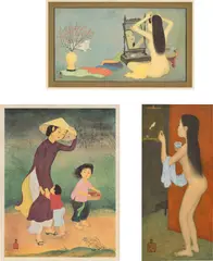 Mai Trung Thu, Three works: (i) Woman with Mirror; (ii) Woman with Two Children; (iii) Woman with Bird, print on silk
