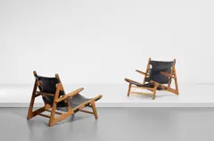 Børge Mogensen, Pair of 'Hunting' chairs, model no. 2229, designed 1950, produced after 1972, oak, leather, stainless steel