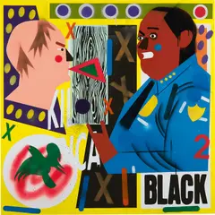 Untitled (IXI Black) by Nina Chanel Abney, 2015, unique UltraChrome pigmented print, acrylic and spray paint on canvas, sold Nov 2021