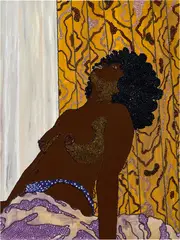 Mickalene Thomas, Looking Up from the She Works Hard For the Money Pin-Up series, 2004, acrylic, rhinestones and oil enamel on wood panel