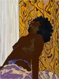 Mickalene Thomas, Looking Up from the She Works Hard For the Money Pin-Up series, 2004, acrylic, rhinestones and oil enamel on wood panel
