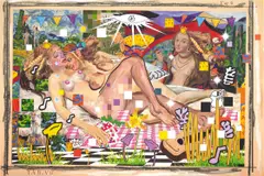 Allison Zuckerman, A Great Dormir, 2020, oil, acrylic and archival CMYK ink on canvas