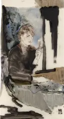 Nick, Drawing Straws by Hernan Bas, 2002, water-based oil paint on vellum, sold Nov 2021