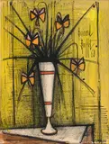 Bernard Buffet, Vase de fleurs sur fond jaune, 1960, watercolour, black chalk, pen, india ink and pencil on paper, laid on board