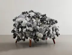 KAWS COMPANION Chair Grey by Kaws and Estudio Campana, 2019, plush toys, stainless steel and Cumaru wood, sold Nov 2021