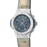 Hublot, A fine and unusual limited edition stainless steel chronograph wristwatch with small seconds, date, “Denim” dial, warranty and box, numbered 9 of a limited edition of 250 pieces, Circa 2016