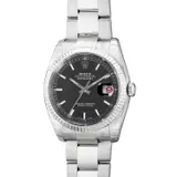 Rolex, A fine and well-preserved stainless steel wristwatch with white gold bezel center seconds, roulette date, bracelet, guarantee and box