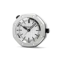 Audemars Piguet, A fine and attractive stainless steel quartz table clock with alarm function, wooden stand, certificate and box, Circa 2017