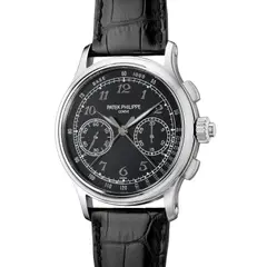 Patek Philippe, A superlative and rare platinum split seconds chronograph wristwatch with black enamel dial, Breguet numerals, additional solid caseback, Certificate of Origin and presentation box, Circa 2017