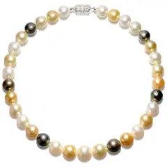 Mikimoto, A Multi-coloured Cultured Pearl Necklace, - Thirty three multi-coloured cultured pearls, measuring approximately 11.98 mm to 14.30 mm - Clasp set with silver and one cultured pearl - With maker's mark, M for Mikimoto - Length 46.1 cm Accompanied by a Mikimoto gray velvet case