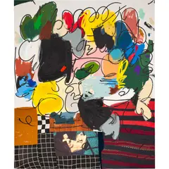 Jonni Cheatwood, She Has the Teeth of the Person She Seems Like, 2018, oil, oilstick, acrylic, enamel, printed canvas, string and fabric collage on canvas