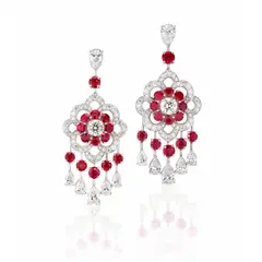 A Pair of Diamond and Ruby 'Rosette' Earrings by Anton Graff, - One brilliant-cut diamond, 0.70 carat - One brilliant-cut diamond, 0.70 carat - Twelve pear-shaped diamonds, 5.04 cara, sold Sep 2021