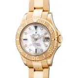 Rolex, A fine and attractive yellow gold wristwatch with center seconds, date, diamond and sapphire-set indexes, mother of pearl dial, bracelet, guarantee and presentation box
