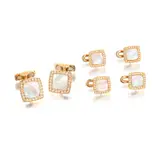 William & Son, A Mother-of-Pearl and Diamond Dress-set, - Six mother-of-pearl plaques - One hundred and forty four brilliant-cut diamonds - 18K pink gold - Maker's mark and with British hallmarks - Cufflinks length 2.3 cm, width 1.4 cm - Shirt studs length 0.8 cm, width 1.1 cm Accompanied by a William & Son navy leatherette case