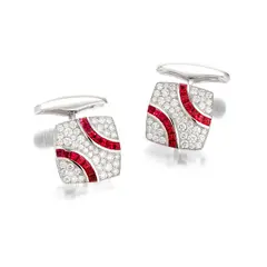 William & Son, A Pair of Diamond and Ruby Cufflinks, - Eighty eight brillliant-cut diamonds - Twenty eight calibre-cut rubies - 18K white gold - Maker's mark and with British hallmarks - Length 2.6 cm, width 1.5 cm