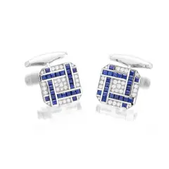William & Son, A Pair of Sapphire and Diamond Cufflinks, - Forty eight square-cut sapphires - Fifty brilliant-cut diamonds - 18K white gold - Maker's mark and with British hallmarks - Length 2.6 cm, width 1.6 cm