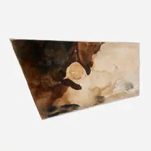 Lucy Dodd, Rounds for the Undergrounds, 2013, walnut rind, SCOBY, tempera on canvas