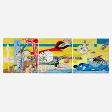 Tony Berlant, The Search for Paradise (triptych), 1995, found tin collage with steel brads on plywood panel