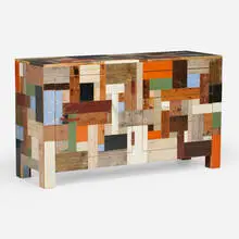 Piet Hein Eek, Waste cabinet, c. 2005, laminated, lacquered, enameled, scorched, stained reclaimed wood, enameled steel