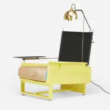 Jonathan Trayte, Lemon Bug, 2020, reinforced plastic, stainless steel, pigment, polished brass, leather, wool upholstery, cardboard, plywood