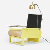 Jonathan Trayte, Lemon Bug, 2020, reinforced plastic, stainless steel, pigment, polished brass, leather, wool upholstery, cardboard, plywood