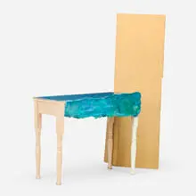 JS 104 by Jessica Stockholder, 1988, mixed media, painted wood, aluminum, papier-mâché and lacquered wood, sold Sep 2025