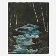 Landscape with Stream by Bob Ross, c. 1986, oil on canvas with phosphorescent pigment, sold Sep 2025