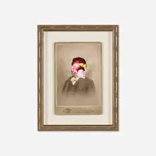 In Law #1 by Llyn Foulkes, 2025, oil on found photograph and card in artist's frame, sold Sep 2025