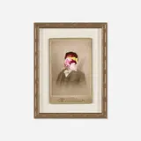 Llyn Foulkes, In Law #1, 2025, oil on found photograph and card in artist's frame