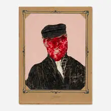 Black Hat by Llyn Foulkes, 2019, oil on found photograph and card panel, sold Sep 2025