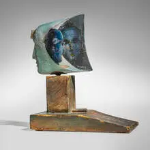 Bertil Vallien, Janus VI, c. 2000, sand-cast glass, wax over wood, steel