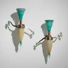 Dan Dailey, Fabulous sconces, pair, 2007, blown, sandblasted and acid-polished glass, pâte de verre, nickel- and gold-plated bronze, lampworked glass