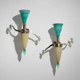 Dan Dailey, Fabulous sconces, pair, 2007, blown, sandblasted and acid-polished glass, pâte de verre, nickel- and gold-plated bronze, lampworked glass